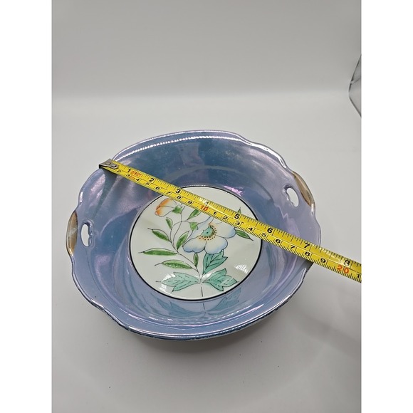 Japan Luster Porcelain Bowl Dish Blue White Floral Flowers Double Handle Vintage - Picture 6 of 7